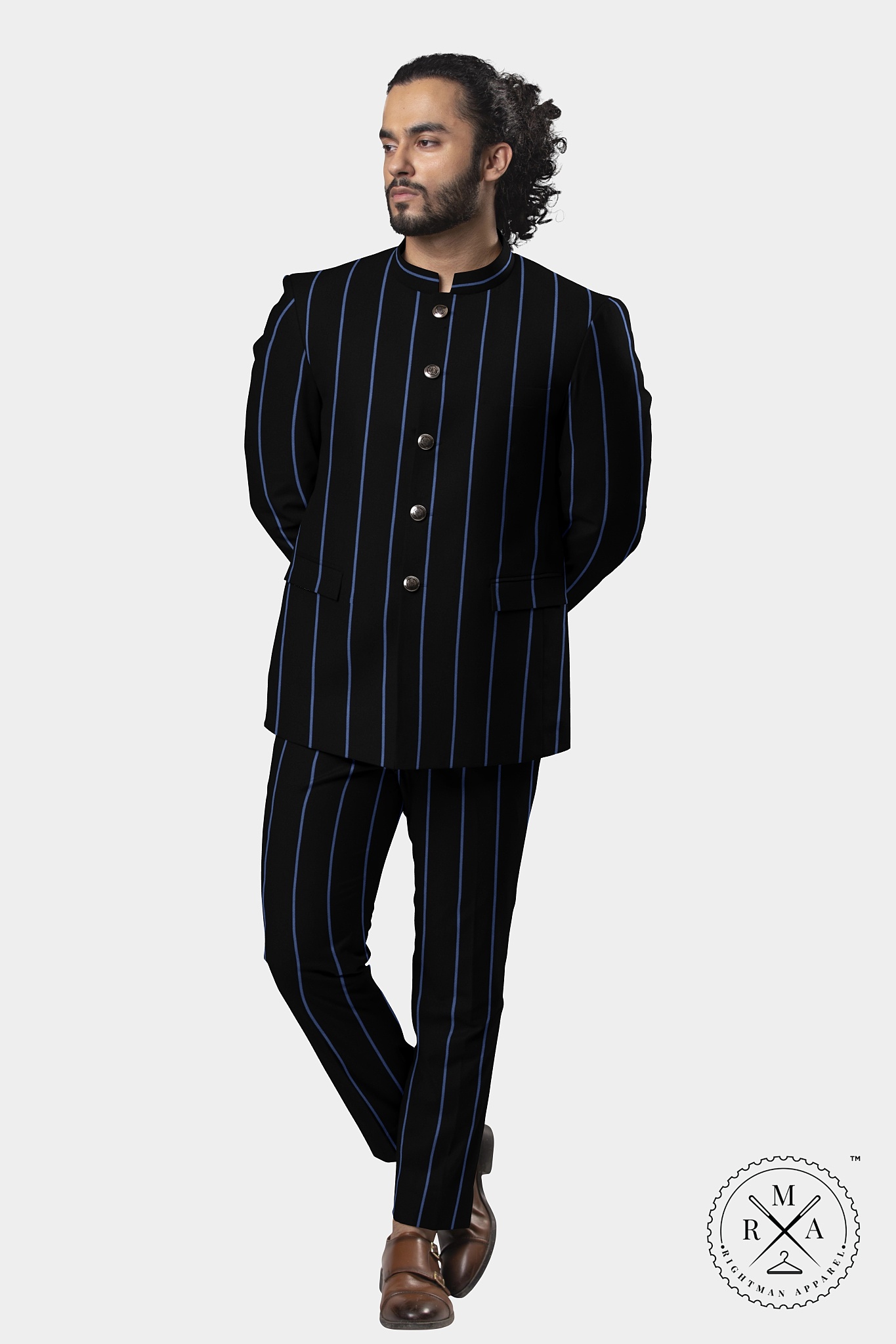 Navy Blue Jodhpuri Suit With Lapis Stripes SU46